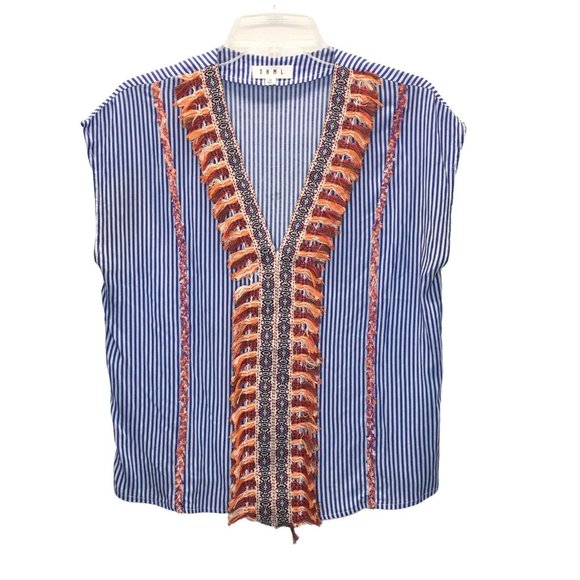 THML Tops - Anthropologie THML V Neck Top Embroidered Tassels Blue White Stripe Women Medium